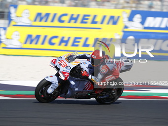 Ducati Spanish rider Jorge Martin rides ahead of Ducati Italian rider Francesco Bagnaia during the sprint race of the San Marino MotoGP Gran...