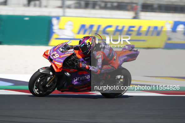 Ducati Spanish rider Jorge Martin rides ahead of Ducati Italian rider Francesco Bagnaia during the sprint race of the San Marino MotoGP Gran...