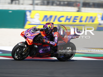 Ducati Spanish rider Jorge Martin rides ahead of Ducati Italian rider Francesco Bagnaia during the sprint race of the San Marino MotoGP Gran...