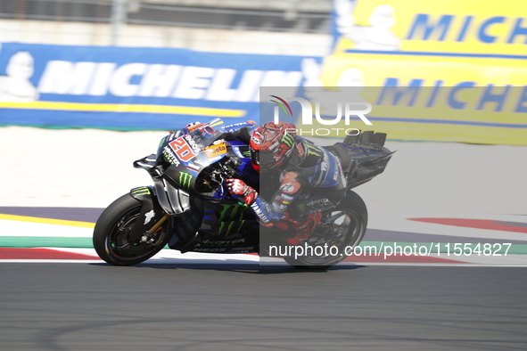 Ducati Spanish rider Jorge Martin rides ahead of Ducati Italian rider Francesco Bagnaia during the sprint race of the San Marino MotoGP Gran...