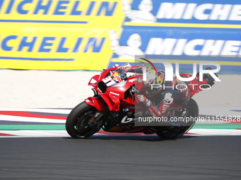 Ducati Spanish rider Jorge Martin rides ahead of Ducati Italian rider Francesco Bagnaia during the sprint race of the San Marino MotoGP Gran...