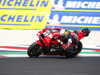 Ducati Spanish rider Jorge Martin rides ahead of Ducati Italian rider Francesco Bagnaia during the sprint race of the San Marino MotoGP Gran...