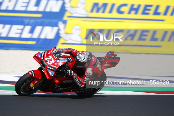 Ducati Spanish rider Jorge Martin rides ahead of Ducati Italian rider Francesco Bagnaia during the sprint race of the San Marino MotoGP Gran...