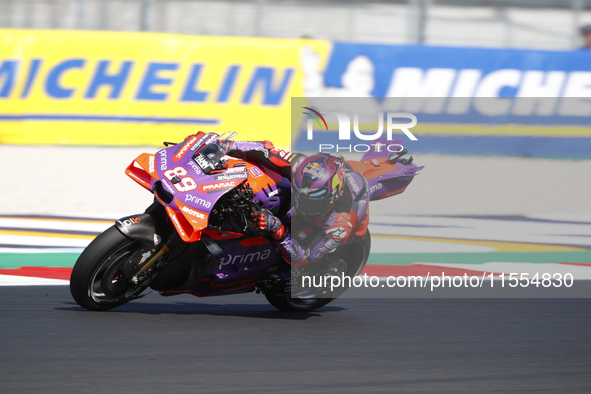 Ducati Spanish rider Jorge Martin rides ahead of Ducati Italian rider Francesco Bagnaia during the sprint race of the San Marino MotoGP Gran...