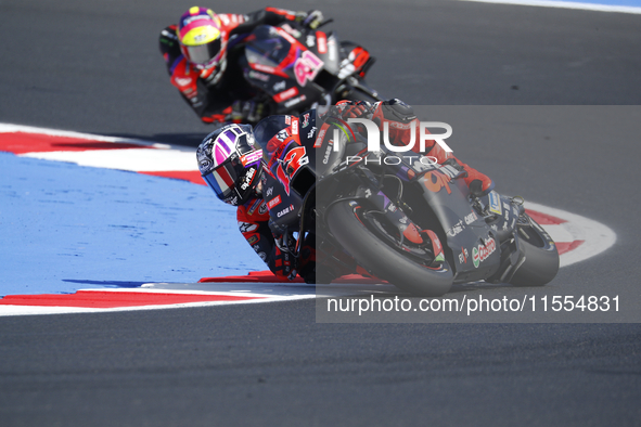 Ducati Spanish rider Jorge Martin rides ahead of Ducati Italian rider Francesco Bagnaia during the sprint race of the San Marino MotoGP Gran...