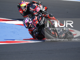 Ducati Spanish rider Jorge Martin rides ahead of Ducati Italian rider Francesco Bagnaia during the sprint race of the San Marino MotoGP Gran...