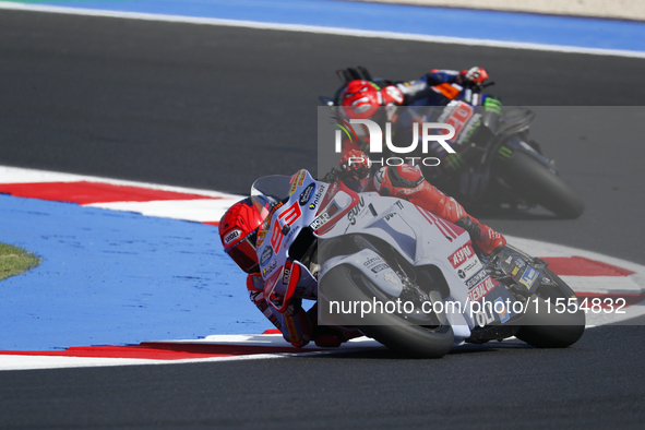 Ducati Spanish rider Jorge Martin rides ahead of Ducati Italian rider Francesco Bagnaia during the sprint race of the San Marino MotoGP Gran...