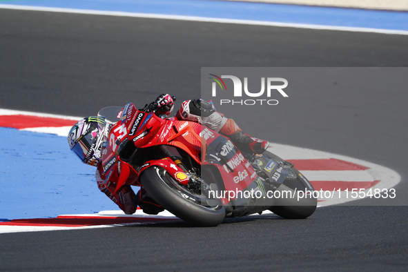 Ducati Spanish rider Jorge Martin rides ahead of Ducati Italian rider Francesco Bagnaia during the sprint race of the San Marino MotoGP Gran...