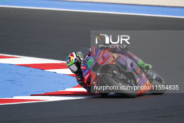 Ducati Spanish rider Jorge Martin rides ahead of Ducati Italian rider Francesco Bagnaia during the sprint race of the San Marino MotoGP Gran...