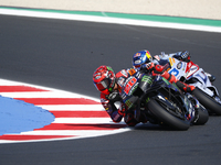 Ducati Spanish rider Jorge Martin rides ahead of Ducati Italian rider Francesco Bagnaia during the sprint race of the San Marino MotoGP Gran...