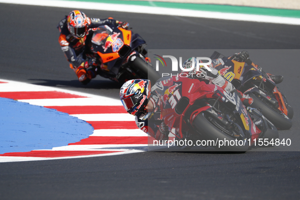 Ducati Spanish rider Jorge Martin rides ahead of Ducati Italian rider Francesco Bagnaia during the sprint race of the San Marino MotoGP Gran...