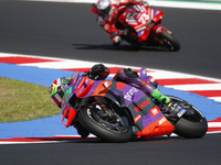 Ducati Spanish rider Jorge Martin rides ahead of Ducati Italian rider Francesco Bagnaia during the sprint race of the San Marino MotoGP Gran...