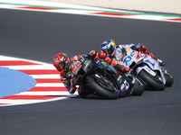 Ducati Spanish rider Jorge Martin rides ahead of Ducati Italian rider Francesco Bagnaia during the sprint race of the San Marino MotoGP Gran...