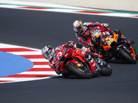 Ducati Spanish rider Jorge Martin rides ahead of Ducati Italian rider Francesco Bagnaia during the sprint race of the San Marino MotoGP Gran...