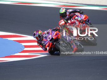 Ducati Spanish rider Jorge Martin rides ahead of Ducati Italian rider Francesco Bagnaia during the sprint race of the San Marino MotoGP Gran...