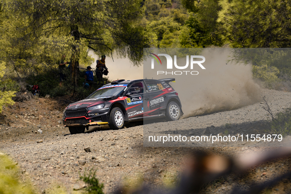 Robert Virves drives with co-driver Aleks Lesk in a Skoda Fabia RS Rally2. They face the second day of the race during the FIA World Rally C...