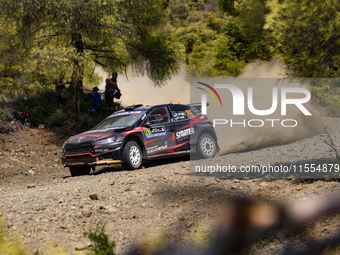 Robert Virves drives with co-driver Aleks Lesk in a Skoda Fabia RS Rally2. They face the second day of the race during the FIA World Rally C...