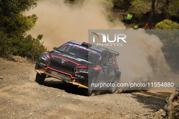 Robert Virves drives with co-driver Aleks Lesk in a Skoda Fabia RS Rally2. They face the second day of the race during the FIA World Rally C...