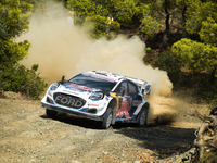 Driver Adrien Fourmaux and co-driver Alexandre Coria of the team M-Sport Ford World Rally Team Ford Puma Rally1 Hybrid face the second day o...