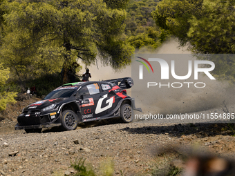 Driver Elfyn Evans and co-driver Scott Martin of the team Toyota Gazoo Racing WRT, in a Toyota GR Yaris Rally1 Hybrid, face the second day o...