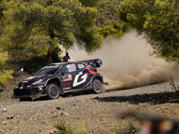 Driver Elfyn Evans and co-driver Scott Martin of the team Toyota Gazoo Racing WRT, in a Toyota GR Yaris Rally1 Hybrid, face the second day o...