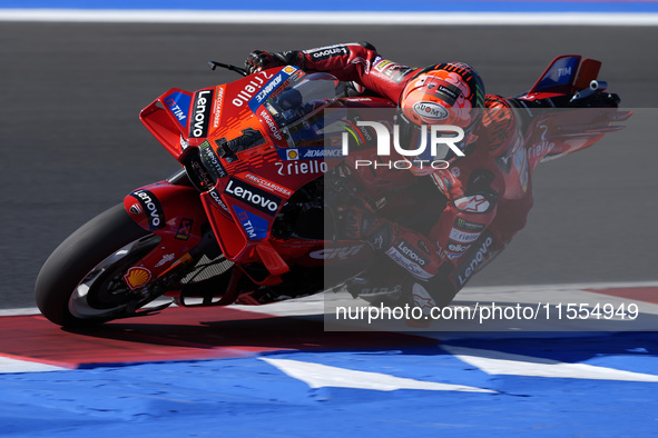 Francesco Bagnaia of Italy and Ducati Lenovo Team rides on track during the Qualify of MotoGP Of San Marino at Misano World Circuit in Misan...