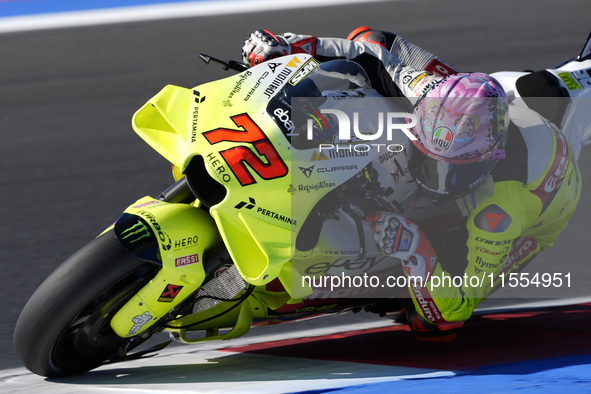 Marco Bezzecchi of Italy and Pertamina Enduro VR46 Racing Team rides on track during the Qualify of MotoGP Of San Marino at Misano World Cir...