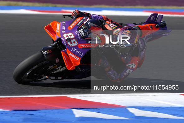 Jorge Martin of Spain and Prima Pramac Racing rides on track during the Qualify of MotoGP of San Marino at Misano World Circuit in Misano Ad...