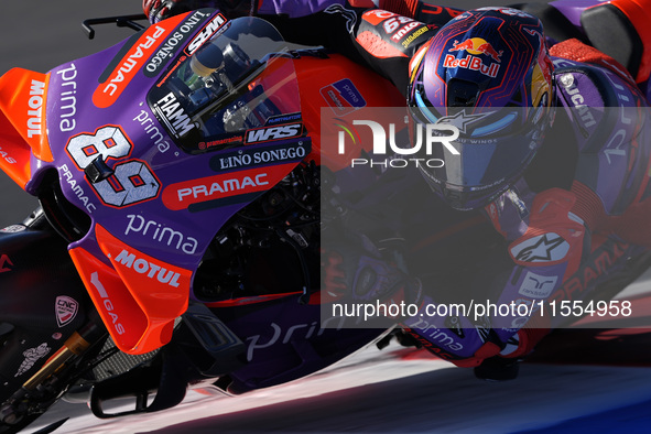 Jorge Martin of Spain and Prima Pramac Racing rides on track during the Qualify of MotoGP of San Marino at Misano World Circuit in Misano Ad...