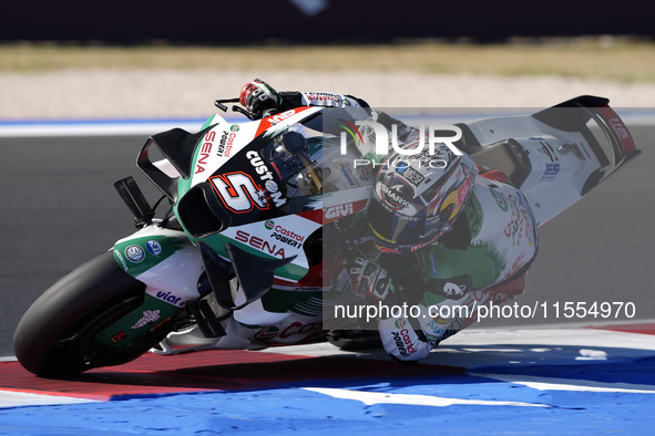 Johann Zarco of France and LCR Honda rides on track during the Qualify of MotoGP of San Marino at Misano World Circuit in Misano Adriatico,...