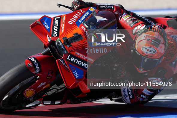 Francesco Bagnaia of Italy and Ducati Lenovo Team rides on track during the Qualify of MotoGP Of San Marino at Misano World Circuit in Misan...