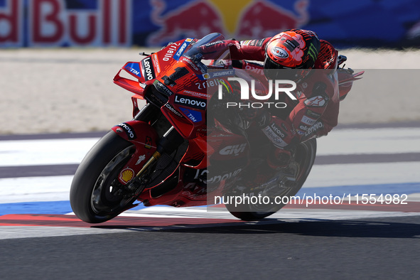 Francesco Bagnaia of Italy and Ducati Lenovo Team rides on track during the Qualify of MotoGP Of San Marino at Misano World Circuit in Misan...