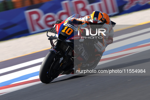 Luca Marini of Italy and Repsol Honda Team rides on track during the Qualify of MotoGP Of San Marino at Misano World Circuit in Misano Adria...