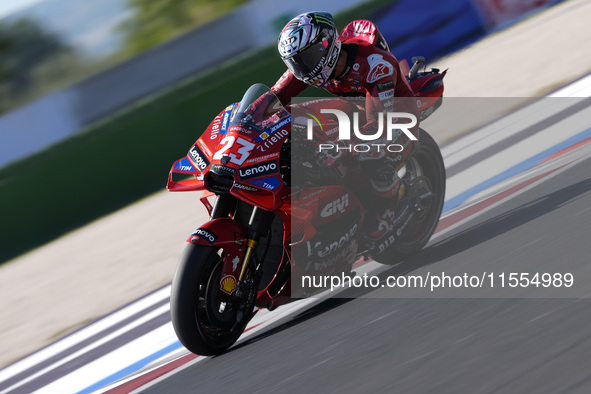 Enea Bastianini of Italy and Ducati Lenovo Team rides on track during the qualifying session of MotoGP of San Marino at Misano World Circuit...