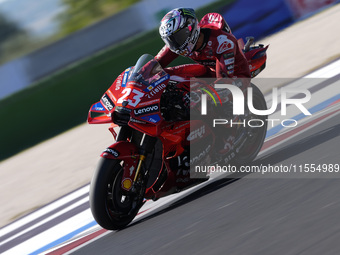 Enea Bastianini of Italy and Ducati Lenovo Team rides on track during the qualifying session of MotoGP of San Marino at Misano World Circuit...