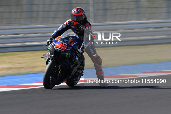 Fabio Quartararo of France and Monster Energy Yamaha MotoGP rides on track during the qualifying session of the MotoGP of San Marino at Misa...