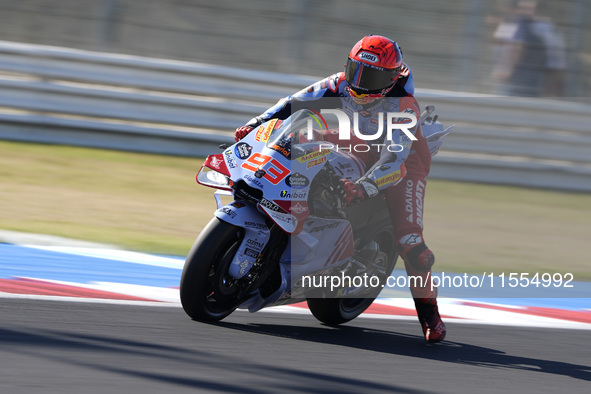 Marc Marquez of Spain and Gresini Racing MotoGP rides on track during the Qualify of MotoGP of San Marino at Misano World Circuit in Misano...