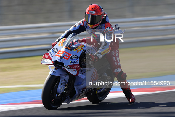 Marc Marquez of Spain and Gresini Racing MotoGP rides on track during the Qualify of MotoGP of San Marino at Misano World Circuit in Misano...