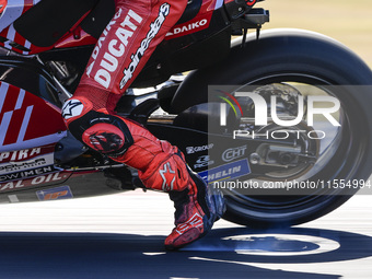 A detail of Marc Marquez of Spain and Gresini Racing MotoGP boots during the Qualify of MotoGP of San Marino at Misano World Circuit in Misa...