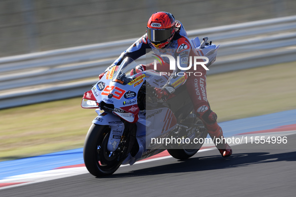 Marc Marquez of Spain and Gresini Racing MotoGP rides on track during the Qualify of MotoGP of San Marino at Misano World Circuit in Misano...