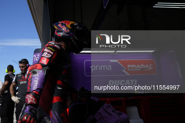 Jorge Martin of Spain and Prima Pramac Racing enter the box during the Qualify of MotoGP Of San Marino at Misano World Circuit in Misano Adr...