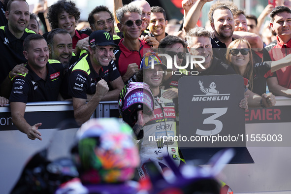 Marco Bezzecchi of Italy and Pertamina Enduro VR46 Racing Team celebrates the third time scored during Qualify of MotoGP Of San Marino at Mi...