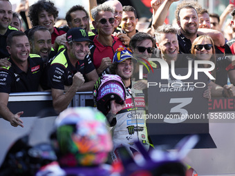 Marco Bezzecchi of Italy and Pertamina Enduro VR46 Racing Team celebrates the third time scored during Qualify of MotoGP Of San Marino at Mi...