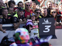 Marco Bezzecchi of Italy and Pertamina Enduro VR46 Racing Team celebrates the third time scored during Qualify of MotoGP Of San Marino at Mi...