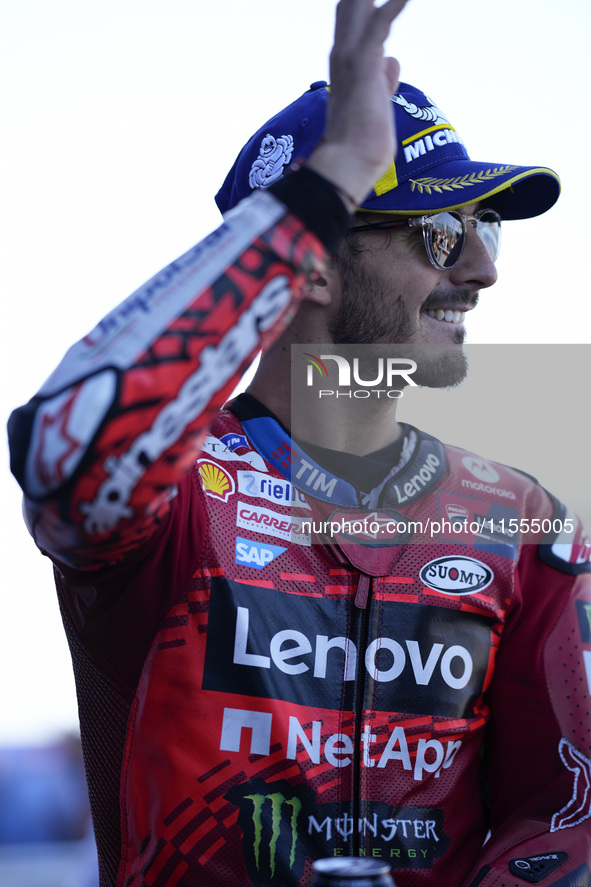 Francesco Bagnaia of Italy and Ducati Lenovo Team celebrates the best time scored during the Qualify of MotoGP Of San Marino at Misano World...