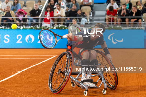 Alfie Hewett of the UK competes during the Wheelchair Tennis Men's Singles Gold Medal Match against Tokito Oda of Japan on Court Philippe Ch...