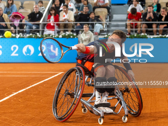 Alfie Hewett of the UK competes during the Wheelchair Tennis Men's Singles Gold Medal Match against Tokito Oda of Japan on Court Philippe Ch...