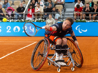 Alfie Hewett of the UK competes during the Wheelchair Tennis Men's Singles Gold Medal Match against Tokito Oda of Japan on Court Philippe Ch...