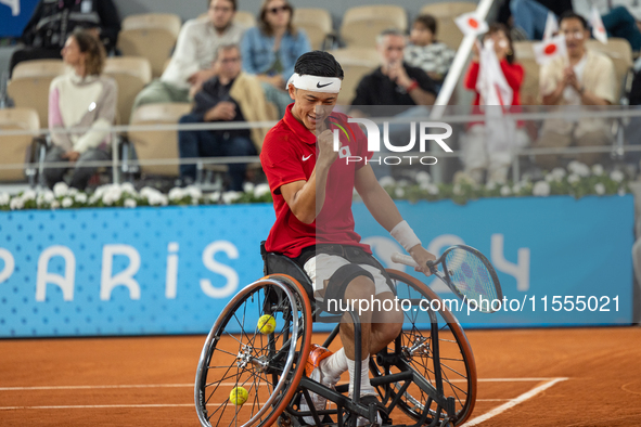 Tokito Oda of Japan competes in the Wheelchair Tennis Men's Singles Gold Medal Match against Alfie Hewett of the UK on Court Philippe Chatri...