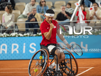 Tokito Oda of Japan competes in the Wheelchair Tennis Men's Singles Gold Medal Match against Alfie Hewett of the UK on Court Philippe Chatri...